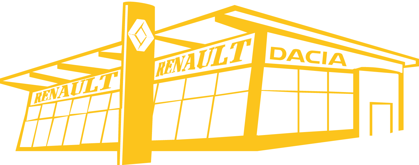 Autohaus Clever Das Skizzenlogo von Automobile Clever in gelber Logofarbe zeigt die frontale Ansicht des Gebäudes.