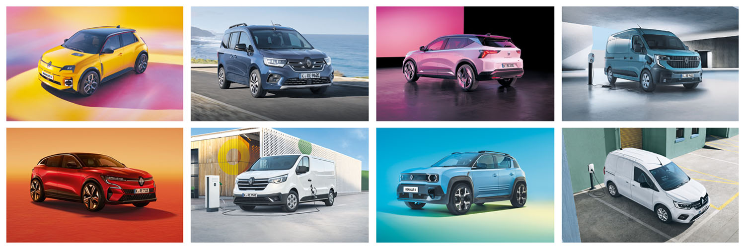 Eine Auto-DIA-Präsentation mit acht unterschiedlichen Fahrzeugen, die an einen Filmstreifen erinnert. Gezeigt werden ein gelber Renault 5, ein blauer Kangoo, ein weißer Scenic, ein türkisener Master, ein roter Megane, ein weißer Trafic, ein hellblauer Renault 4 und ein weißer Kangoo Rapid. Die Hintergründe variieren jeweils und zeigen unterschiedliche Landschaften – von einer Straße am Meer über futuristische, farbige Szenerien bis hin zu modernen, umweltbewussten Gebäuden.